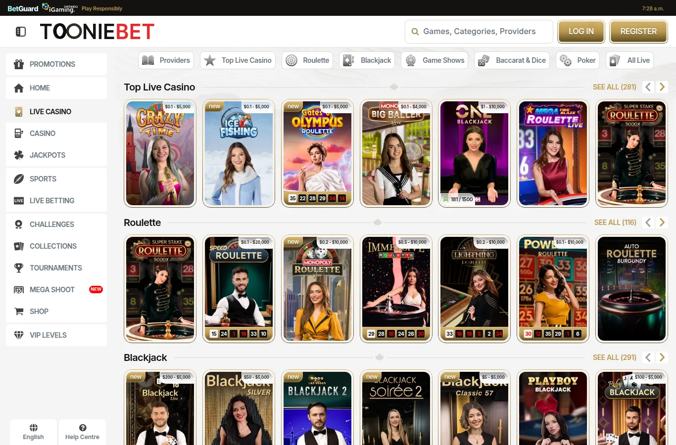 The ToonieBet Ontario live casino lobby in October 2026: Top Live Casino (281), Roulette (116) and Blackjack (291), with the stake range on every tile