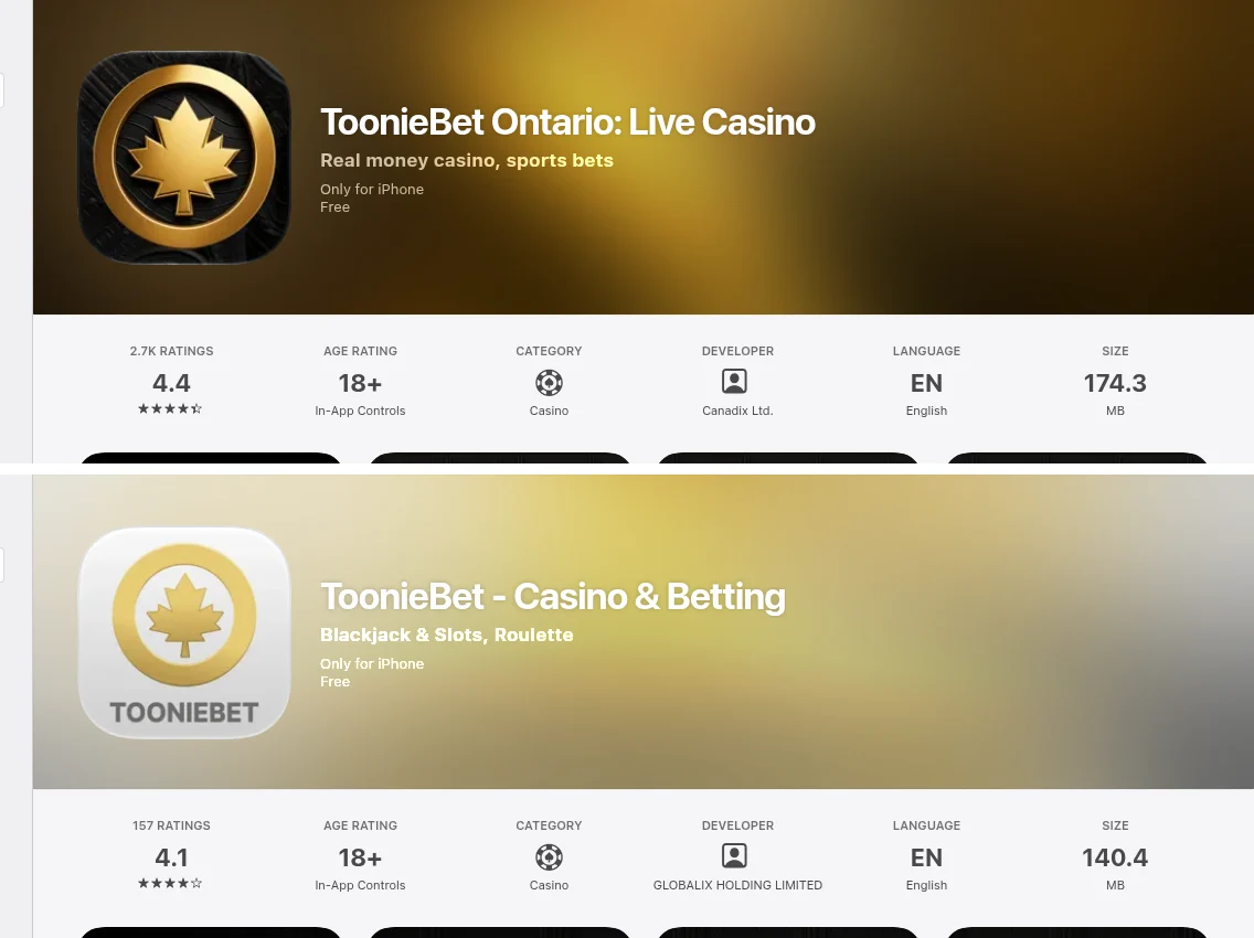 Two ToonieBet apps on the Canadian App Store: ToonieBet Ontario by Canadix Ltd. (4.4 from 2.7K ratings) and ToonieBet – Casino & Betting by Globalix Holding Limited (4.1 from 157)