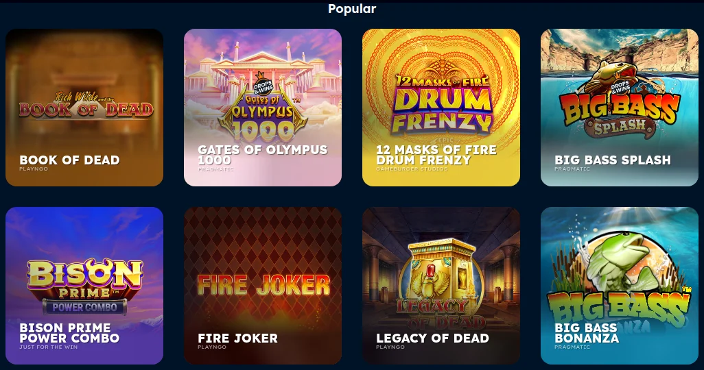 The Popular page at Toppz Ontario on 15 October 2026: Book of Dead, Gates of Olympus 1000, 12 Masks of Fire Drum Frenzy, Big Bass Splash and Fire Joker