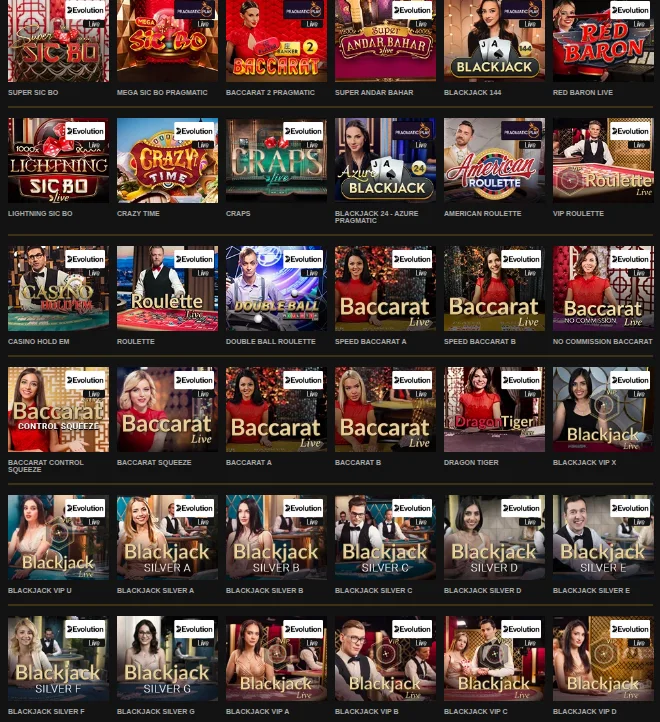 Videoslots Ontario live casino grid with Evolution and Pragmatic Play tables: Crazy Time, Lightning Sic Bo, VIP Roulette, Speed Baccarat and Blackjack Silver tables