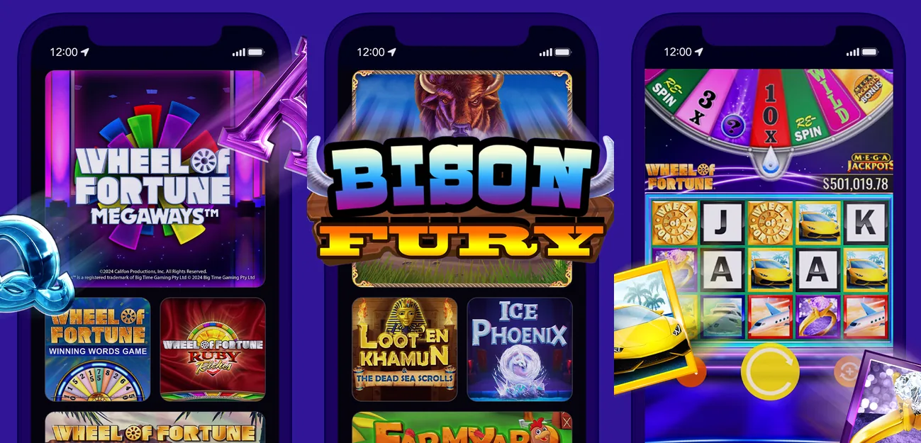 Three of BetMGM’s screenshots for Wheel of Fortune Casino - ON on the Canadian App Store, 15 October 2026: Wheel of Fortune Megaways, exclusive slots such as Bison Fury and Loot’en Khamun, and a jackpot slot