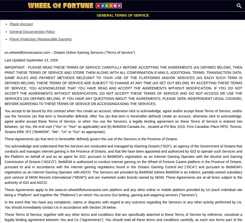 The Wheel of Fortune Casino Ontario terms of service, last updated 23 September 2026, naming BetMGM Canada Inc. of Toronto as the operator
