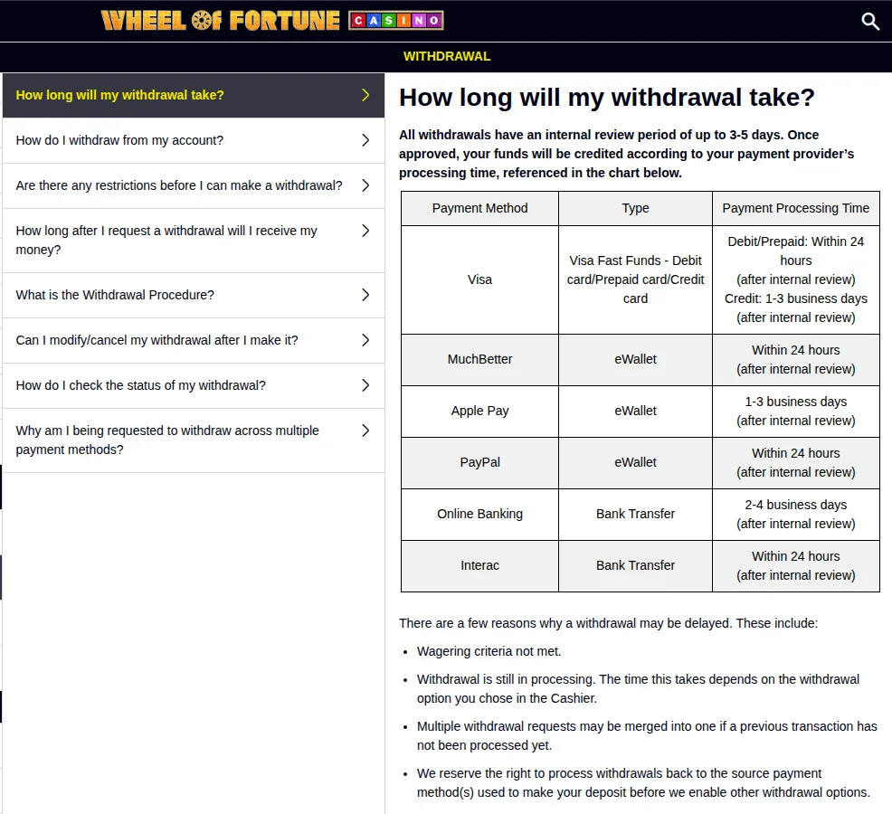 The Wheel of Fortune Casino Ontario help centre: an internal review of up to 3-5 days on all withdrawals, then processing times by method