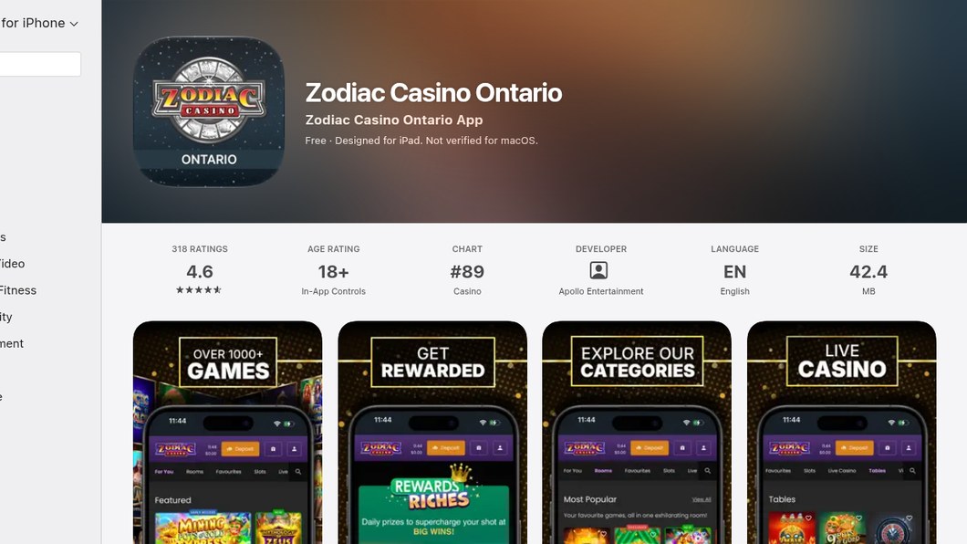 The Zodiac Casino Ontario listing on the Canadian App Store in October 2026: 4.6 stars, 42.4 MB, developer Apollo Entertainment, one of seven apps on the same build